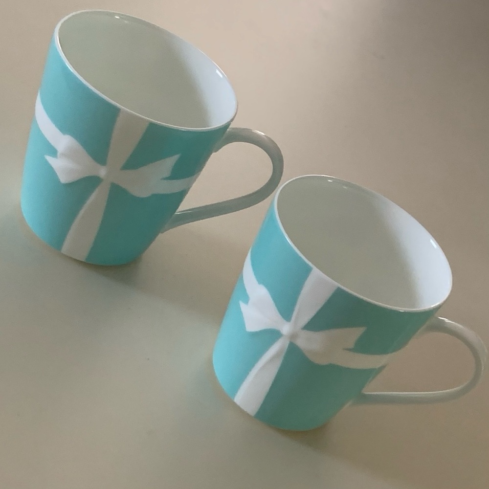 Tiffany & Co. Blue White Ribbon Porcelain Mugs - Set of 2